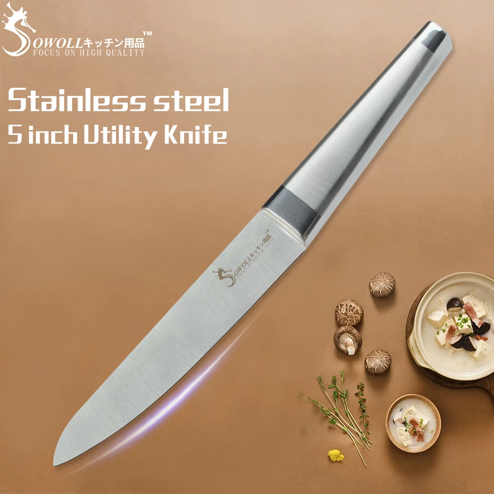 

SOWOLL Complete Stainless Steel Knife 5" Utility Knife Seamless Welding Durable Cooking Tool Top Grade Handmade Kitchen Knife