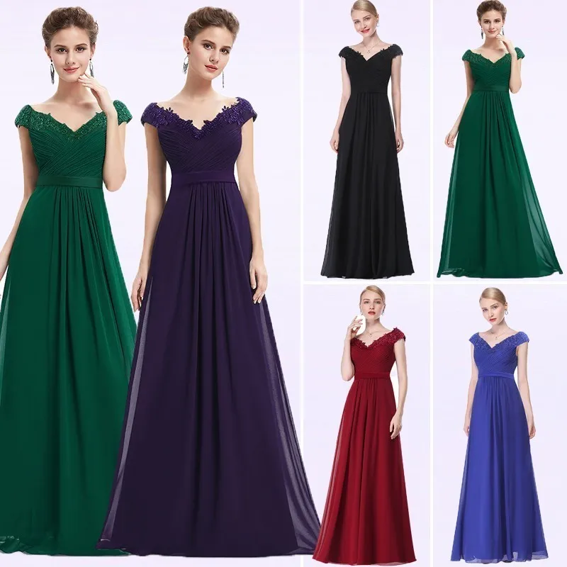 Women Summer Dress Plus Size Elegant A Line V Neck Off Shoulder Long Chiffon Appliques Lace Party Dress Vestidos Robe Femme