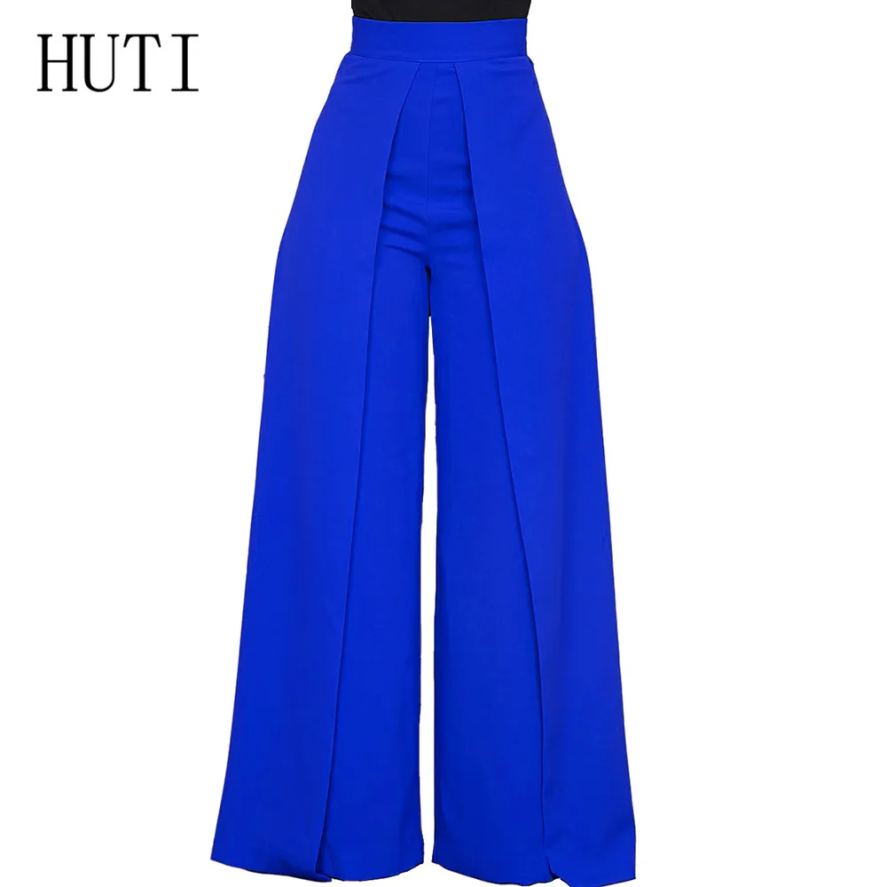HUTI Summer High Waist Wide Leg Pants Women Bottoms High Elastich Loose Red Blue Pants Casual Beach Party Trousers Female