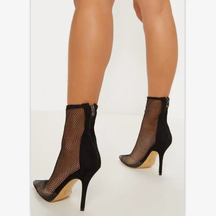 

Fashion Patchwork Transparent PVC Mesh Upper Ankle Boots For Women Chic Pointed Toe High Heels Shoes Woman Zapatos De Mujer