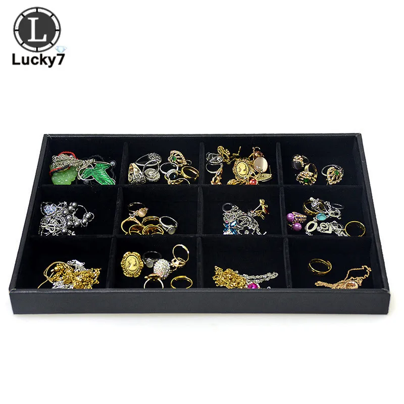 Baratos Bandeja de exhibición de Joyas de terciopelo negro 12 anillos de cuadrícula caja de almacenamiento soporte organizador de joyas soporte de exhibición de Joyas