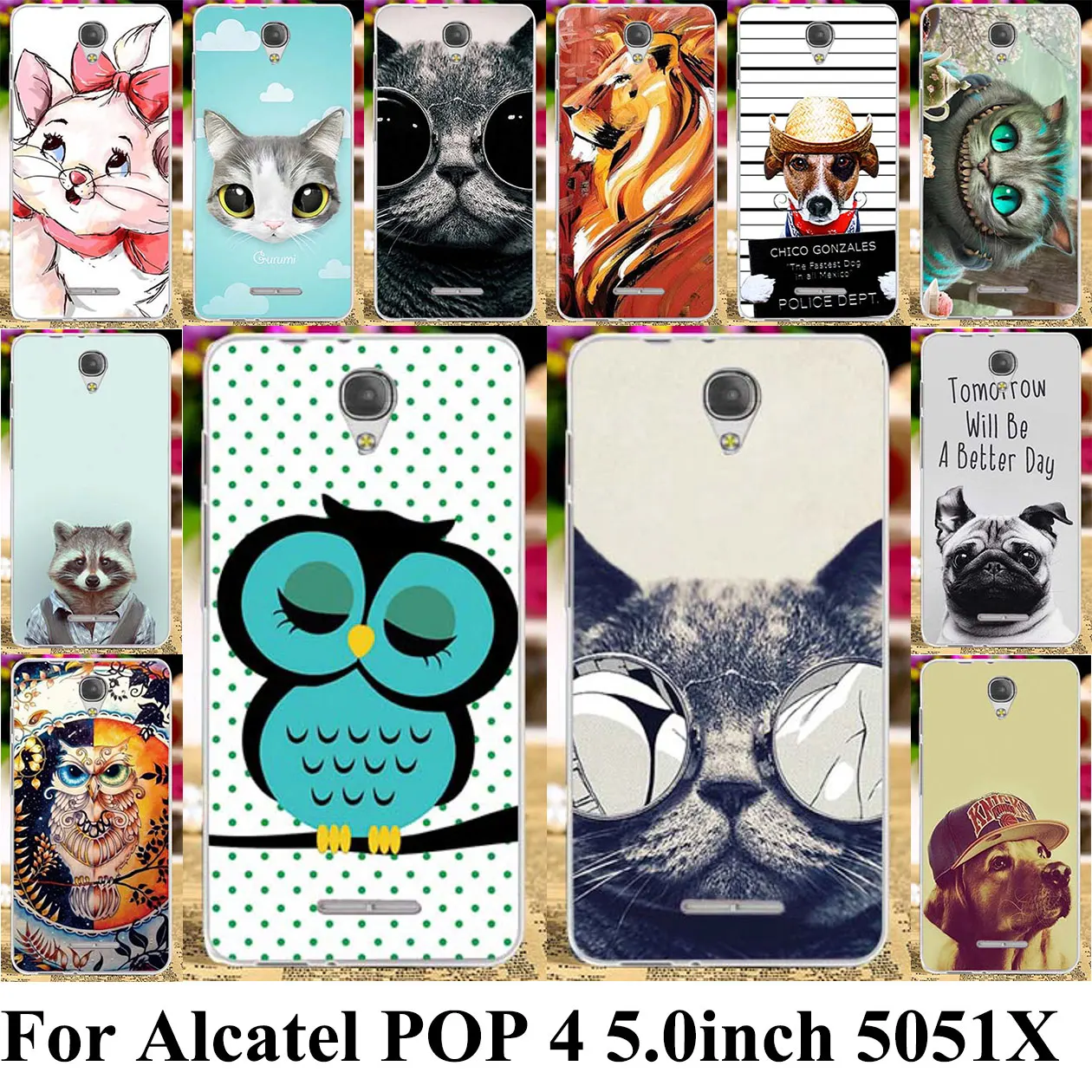 

TPU Silicone Phone Case For Alcatel OneTouch POP 4 5.0 inch 5051 5051X OT-5051 Bag Shell Cover Cat Dog Animal Back Cover