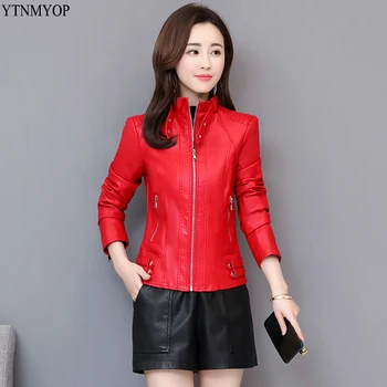 

YTNMYOP Women Spring Leather Jacket Slim Casual Female Leather Clothing Autumn Leather Coat Stand Collar Tops