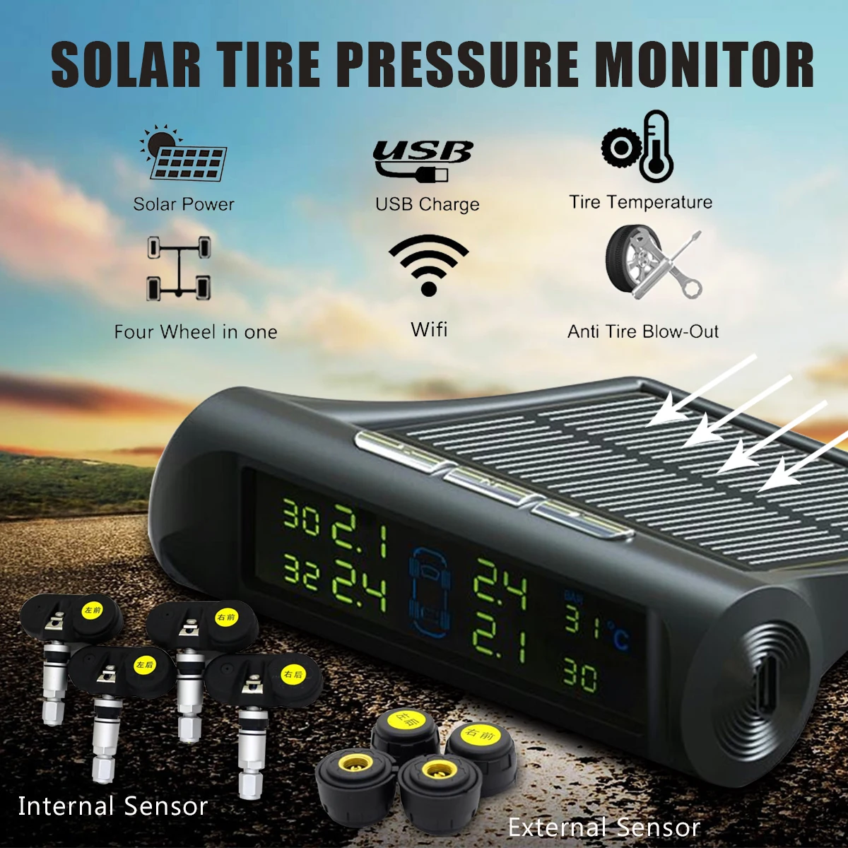 

Solar Car Wireless TPMS Tire Tyre Pressure Monitoring System Auto 4 Display Internal / External Sensor Real-time Monitor Tire