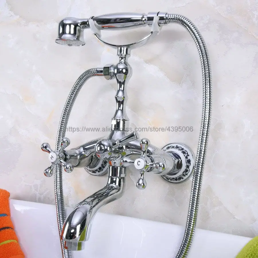 

Polished Chrome Dual Handles Bathtub Faucet Wall Mounted Swive Spout with Handshower Tub Mixer Tap Bna195