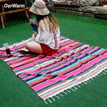 

OurWarm Mexican Blanket 150X215cm Handmade Stripe Wall Tapestry Cotton Serape Tablecloth Mexican Party Decorations Home Textile