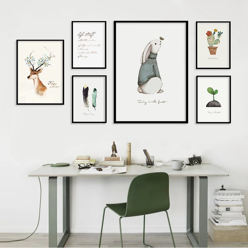

Nordic Style Deer Feather Poster Print Minimalist Wall Art Canvas Painting Landscape Rabbit Wall Pictures For Living Room Home