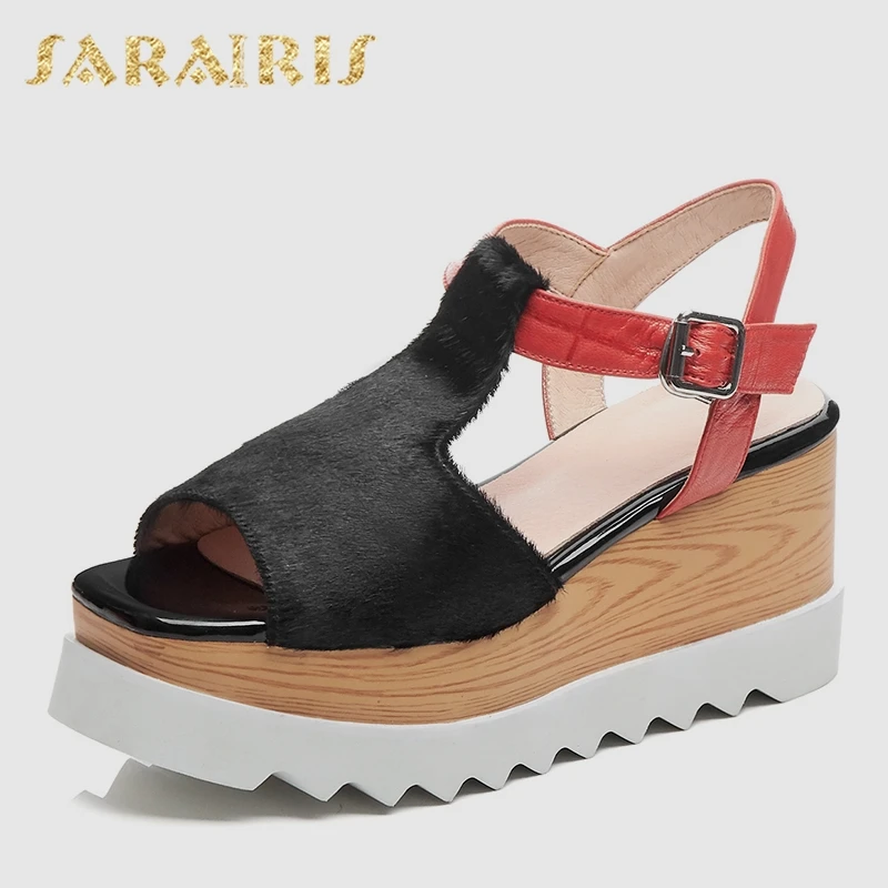 

Sarairis 2019 New Girl Fashion Black Horsehair Sandals Women Summer Thick Platform Casual Women High Wedges Shoes Woman