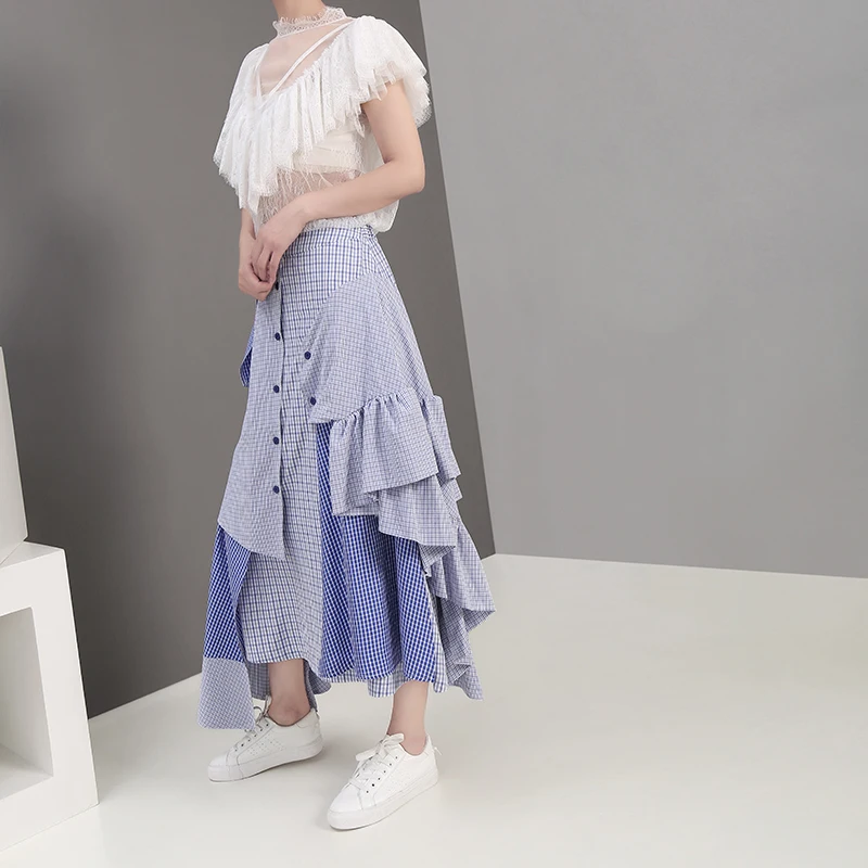 Korean Style Women Summer Asymmetrical Blue Striped Casual Skirt Ruffles Elastic Waist Ladies Stylish Skirt Robe Femme 5243