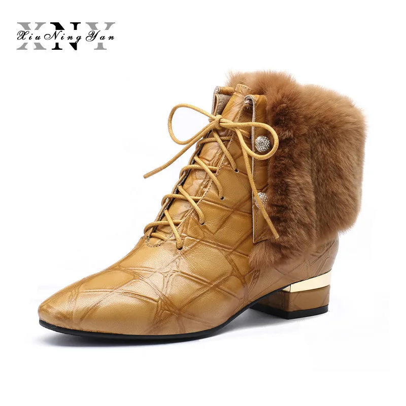 

XiuNingYan Luxury Women Winter Boots Genuine Leather with Fur Ankle Boots Platform Lace Up Boots Square Low Heel Shoes Woman