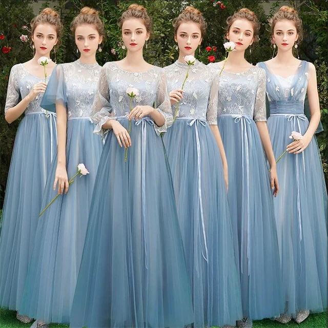 alegría doblado futuro Vestidos de dama de honor azules para mujer, vestidos largos de noche de  boda, vestidos de noche de encaje, Media manga, una línea, vestidos de  fiesta formales _ - AliExpress Mobile