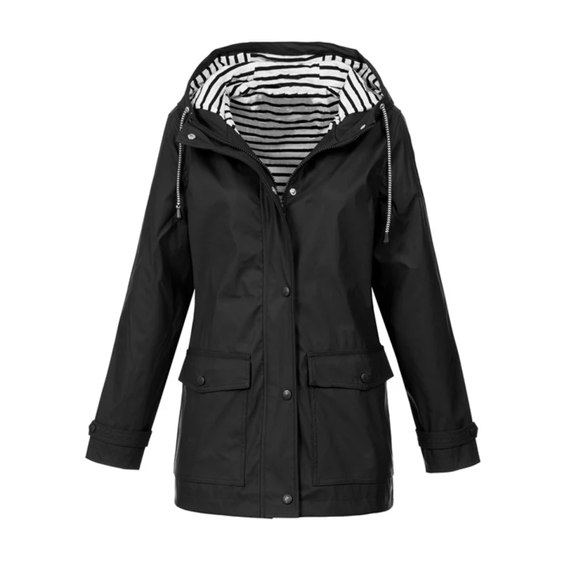 HCXY Autumn Womens Rain Coat Waterproof Raincoat Solid Color Outdoor Hooded Outerwear Coats Plus Size