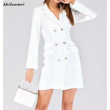 

2019 Autumn White Suit Women New Casual Double Breasted Pocket Lady Long Jackets Winter Elegant Long Sleeve Outerwear