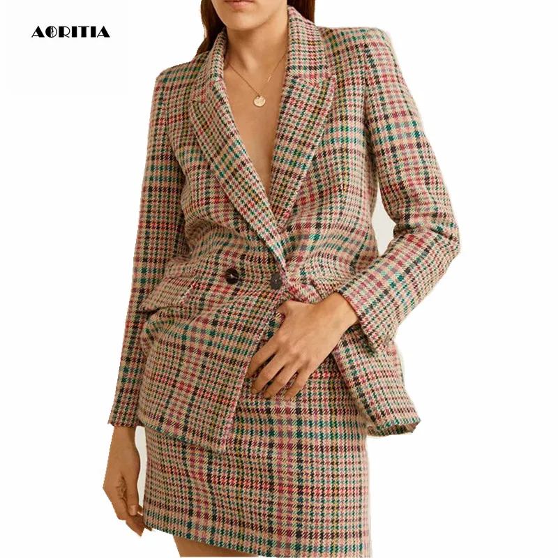 

2019 Women Plaid Blazer Two Piece Set Women Coat Set Long-sleeve Tops Skirts Sets Conjuntos
