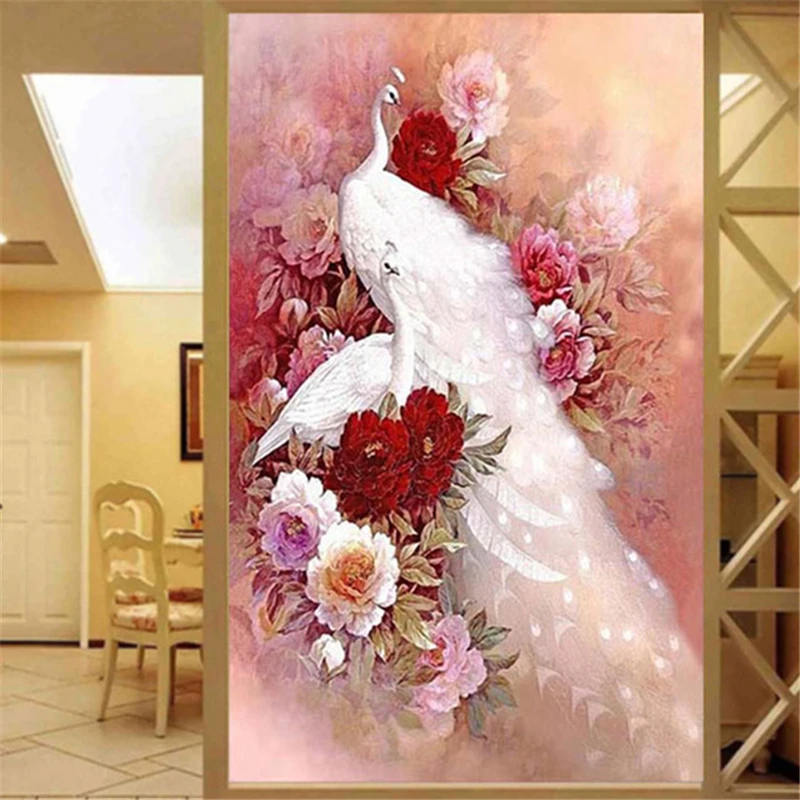 DIY 5D Diamond Embroidery Animal White Peacock 3D Diamond Painting Flower Cross Stitch Full Rhinestone Package Mosaic Craft Gift