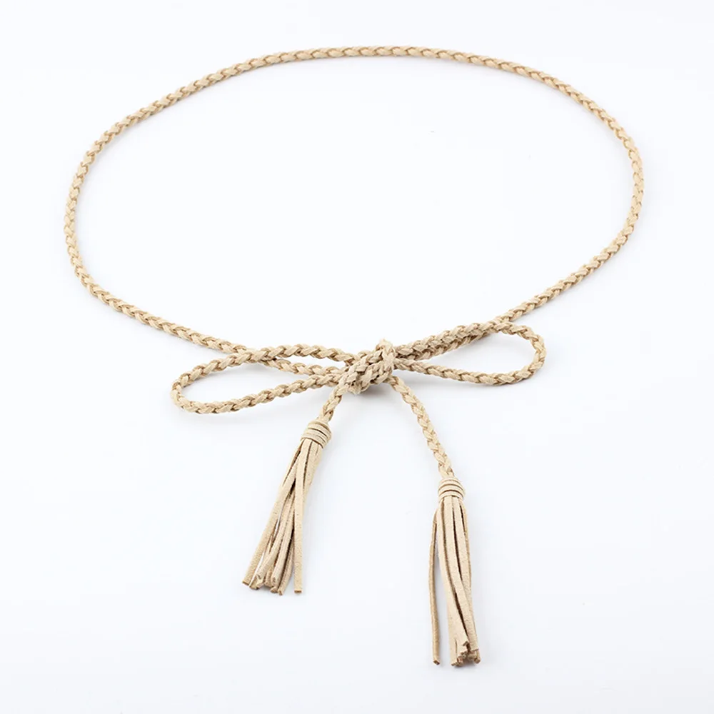Beige Женское обтягивающее платье с тонким плетеным поясом из искусственной кожи пояс с кисточками украшение BLTYN0307 - Цвет: Beige