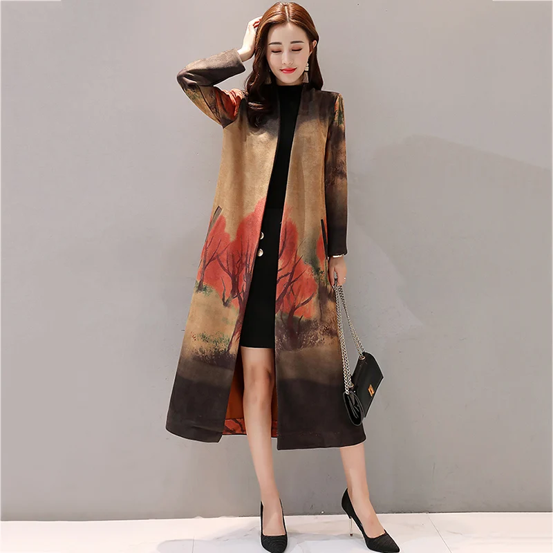 Ветровка женская длинная весенняя с принтом в стиле ретро 023|windbreaker coat|women long spring