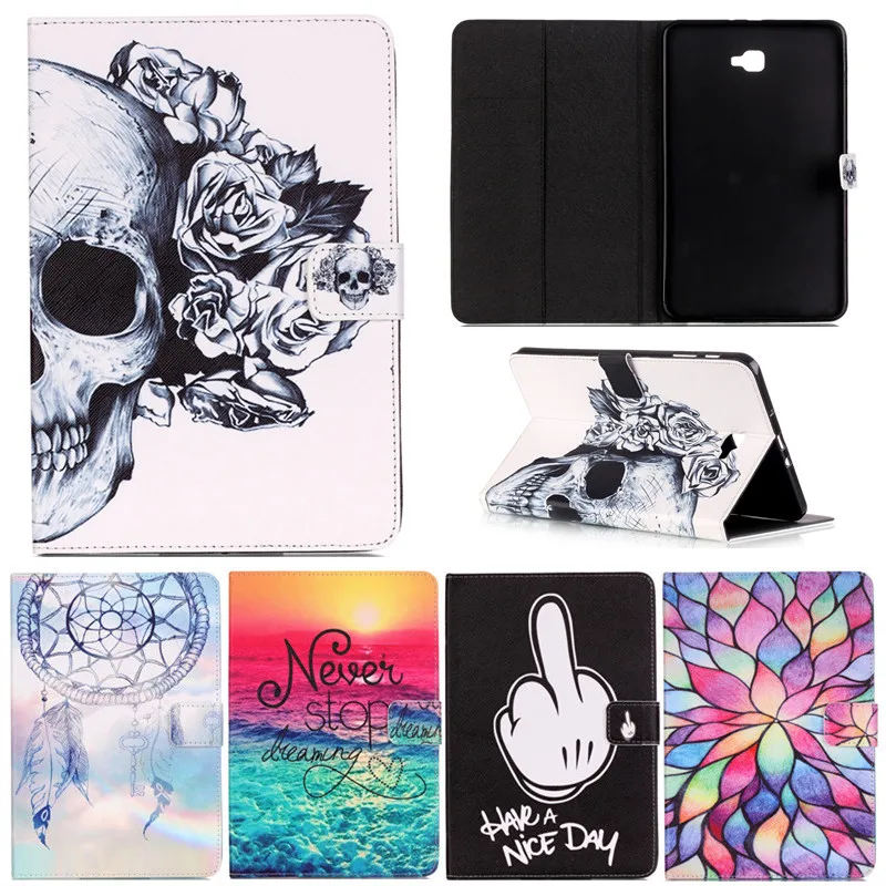 Cartoon Flower Skull Pattern PU Leather Stand Smart Case for Samsung Galaxy Tab A A6 10.1 2016 T585 T580 T580N Gen Tablet Cover