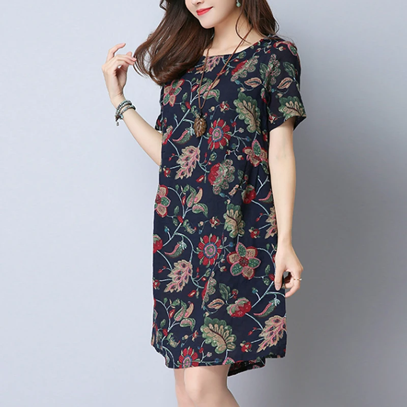 

Summer Casual Women Print Dresses Vintage Short Sleeve Loose Linen Big Size Bodycon Dress O-Neck Chinese Style Party Dress 2019