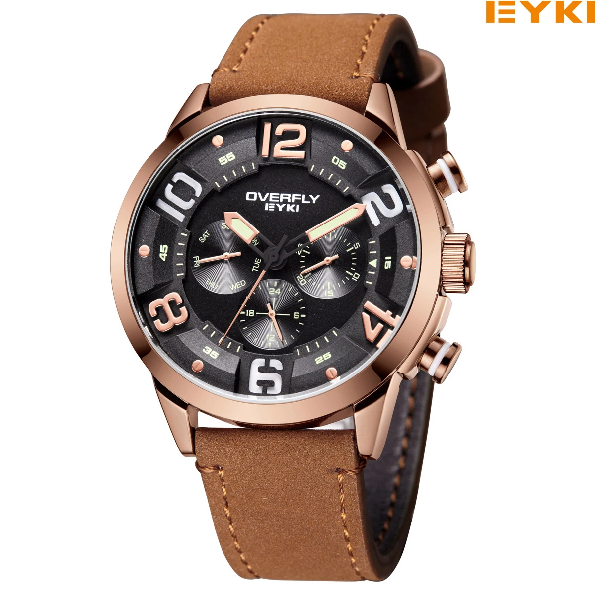 

EYKI genuine leather waterproof male watch PU strap sport watches for men luxury quartz watch montre homme reloj E3068