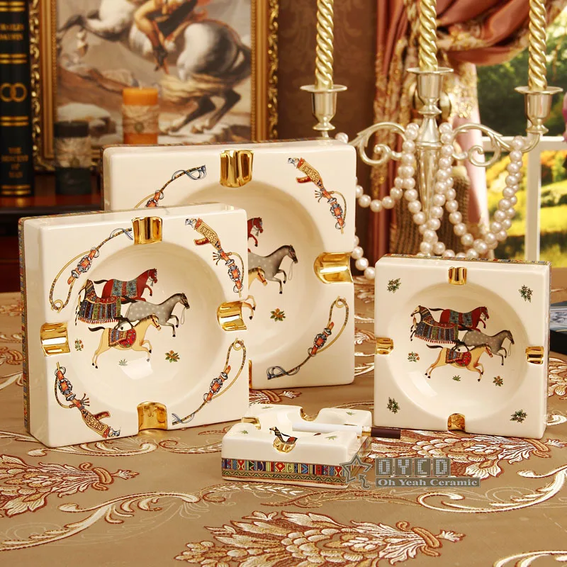 

Porcelain ashtray ivory porcelain 4 sizes god horses design square shape home decoration supplies housewarming business gifts