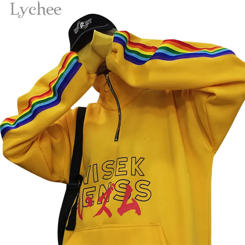 Lychee Harajuku японский Радуга полоса молния женский свитер флис с длинным рукавом
