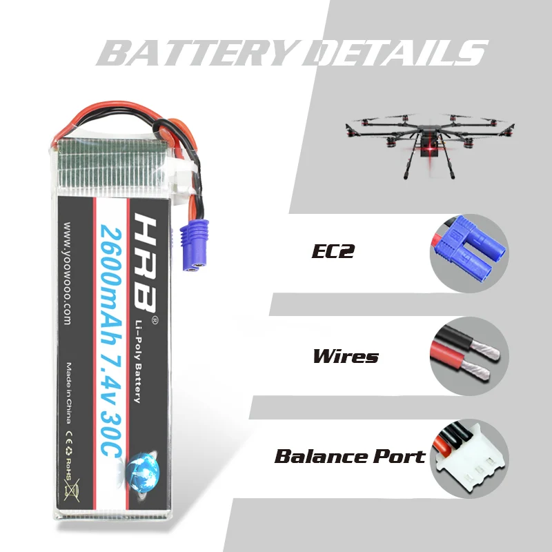 HRB Lipo 2s батарея Hubsan H501S батарея 7,4 V 2600mah 30C EC2 Радиоуправляемый Дрон Akku литий-полимерный для радиоуправляемого квадрокоптера вертолета самолета