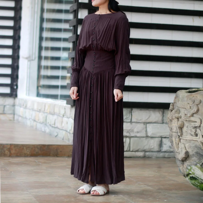 

Johnature Chinese Style Women Dress Button Vintage Robes 2019 Spring New High Waist Long Sleeve O-Neck Cotton Soft Maxi Dress
