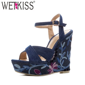 

WETKISS Plus Size High Heels Sandals Women Summer Denim Platform Ladies Shoes Embroider Wedges Open Toe Footwear 2018 Fashion