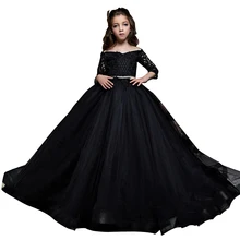 Черные вечерние платья для девочек, пышное детское бальное платье с короткими рукавами, vestido de fiesta nina, кружевные платья с цветочным узором для девочек 2-12 лет