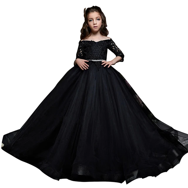 black party dresses for girls half sleeves puffy kids ball gown dress vestido de fiesta nina