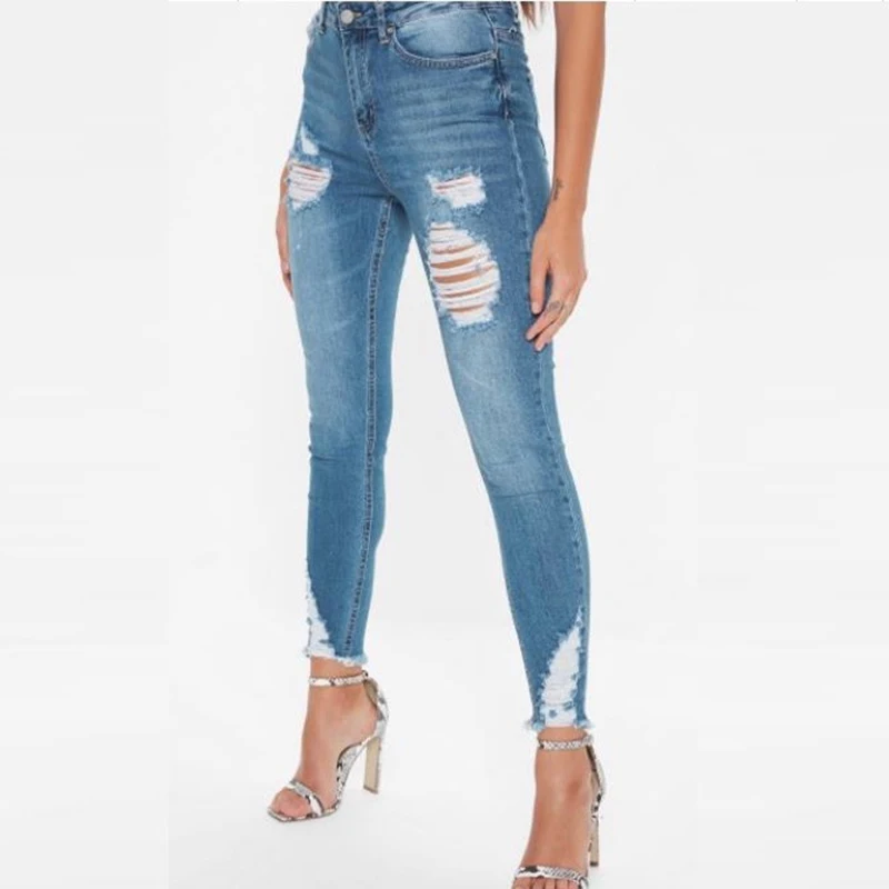 Модные Узкие женские джинсовые брюки промывают джинсы для женщин для стрейч облегающие джинсы до пояса рваные выдалбливают high street