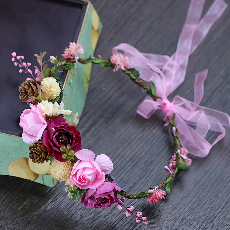 Bohemian Pink Bridal Wreath Headdress 2019 New Forest Queen Branch Decoration Bridesmaid Headdress Wedding Accessories Red Rose