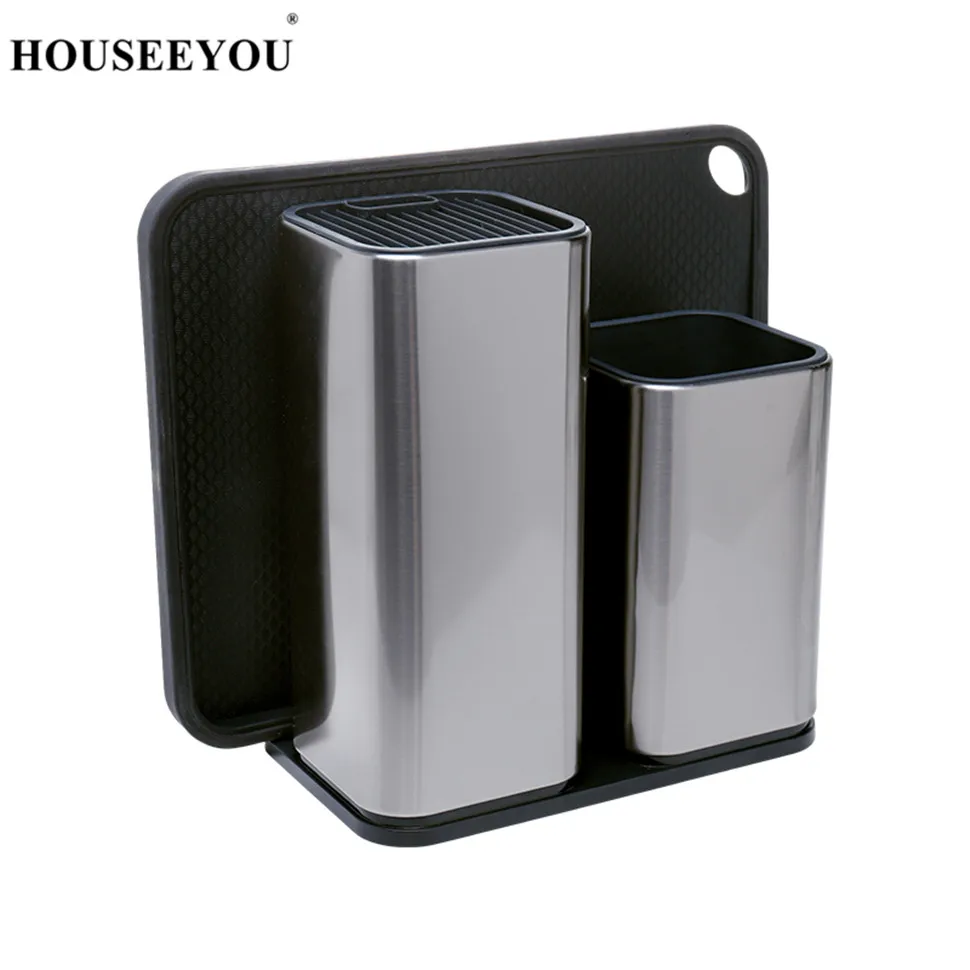 HOUSEEYOU Stainless Steel Kitchen Knife Block Holder Stand with Chopping Cutting Board Multifunctional Kitchen Storage Organizer 02