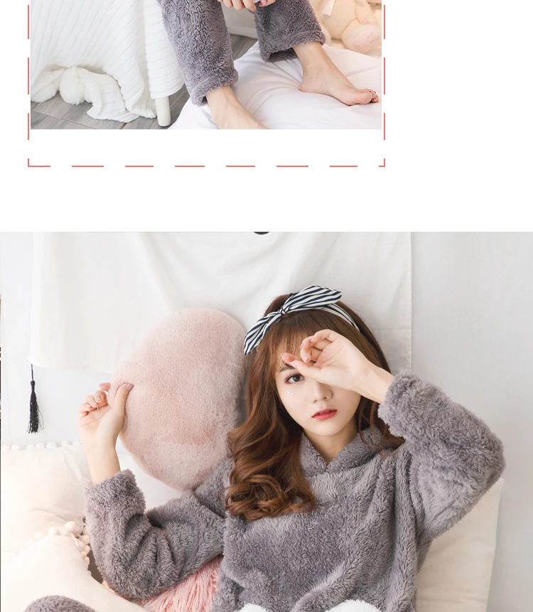 Women Cartoon Pajamas Hooded Clothing Two Piece Suits Night Wear Clothes Female Winter Autumn Pajama Nighty Flannel 2018 JW307 (13)