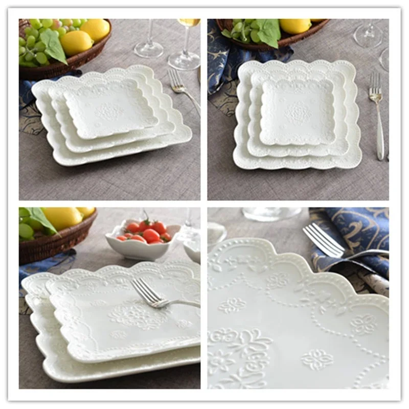 European embossed home China ceramic square plate breakfast dessert plate butterfly dish afternoon tea fruit wedding