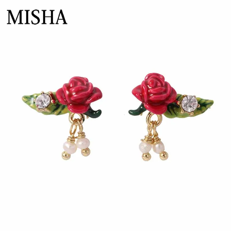 

MISHA 2019 Top Handmade Rose Earrings Enamel simulation gems Jewelry Flower shaped stud earrings Chic wedding Accessories 696