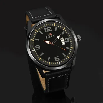

SOXY Top fashion men's business quartz watches casual leather strap wristwatch men watch auto date sport watches male clock hour