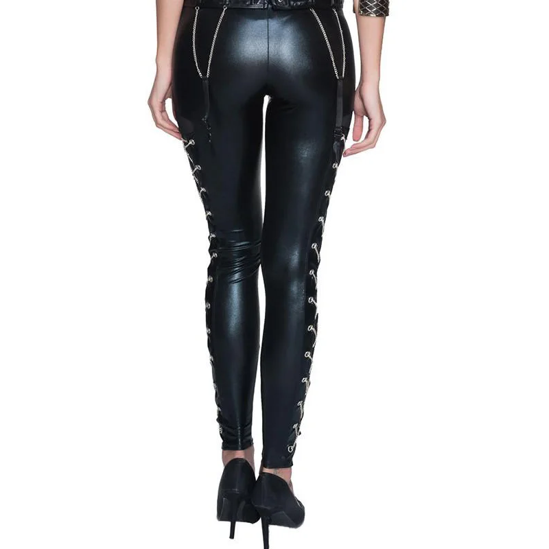 HU&GH 2017 New Women Club Sexy Leggings Chains On The Sides Patchwork Mesh Wetlook Faux Leather Rings Rock Punk Steampunk Pants (3)