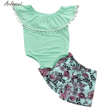 

ARLONEET Clothes Girls Baby Green Sleeveless Floral Print romper +Shorts Set Baby 2pc Cotton Tassels Ruffles quality Outfits set