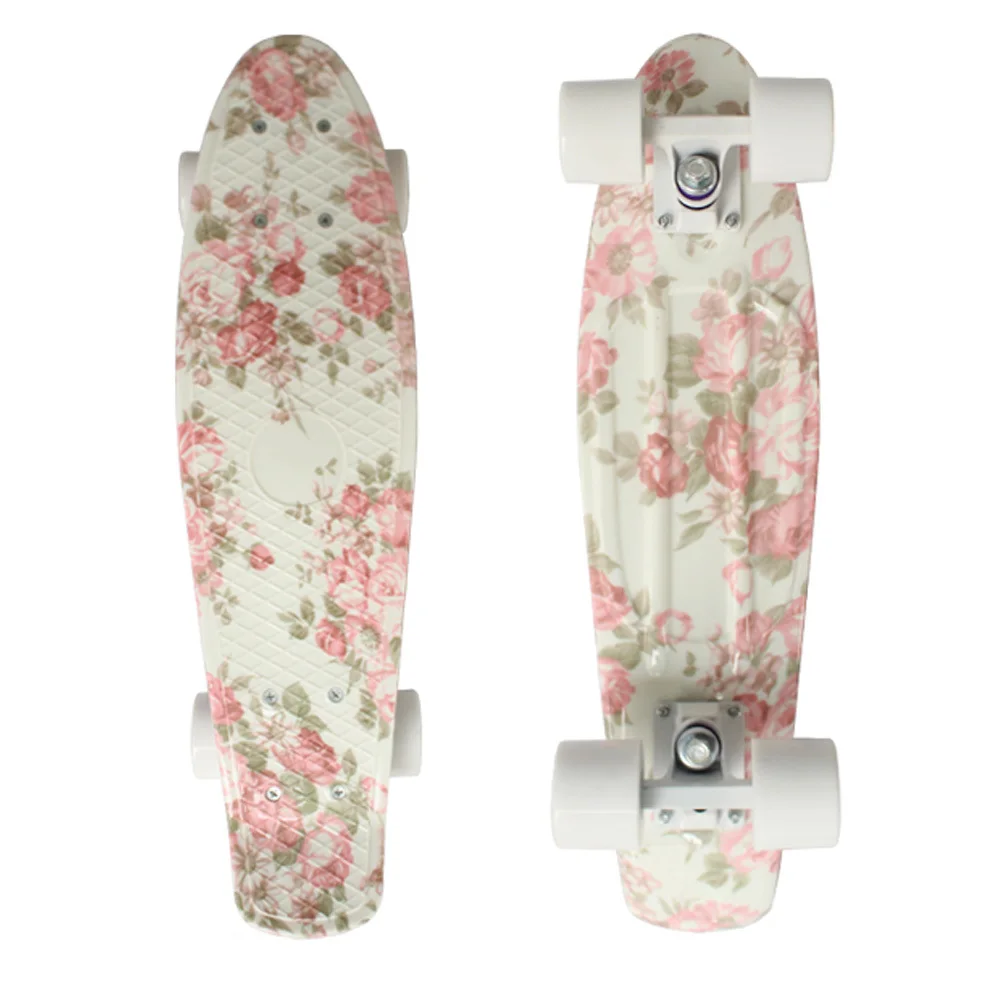 

CHI YUAN Mini Cruiser Board Plastic Skateboard 22" X 6" Retro Longboard Skate Long Board Floral Graphic Printed