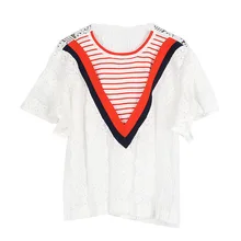 GRUIICEEN летняя Корейская стильная кружевная женская футболка Лоскутная полосатая футболка с короткими рукавами