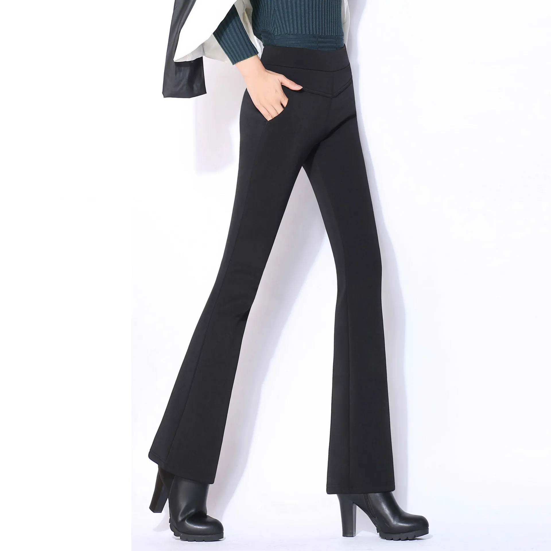 

OL office winter warm fleece flare pants for women with high waist stretch wide leg pants women Plus size 4XL female trousers