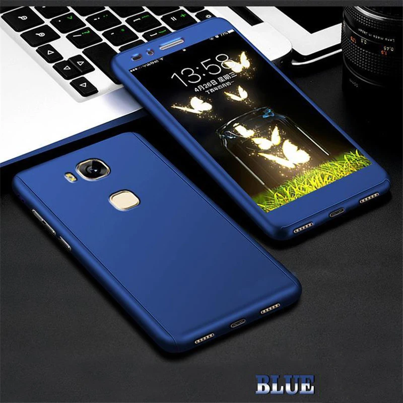 360 чехол для huawei Honor 5 X чехол для huawei Honor 5X GR5 GR 5 KIW-L21 KIW-AL10 KIW AL10 L21 с закаленным стеклом - Цвет: Blue
