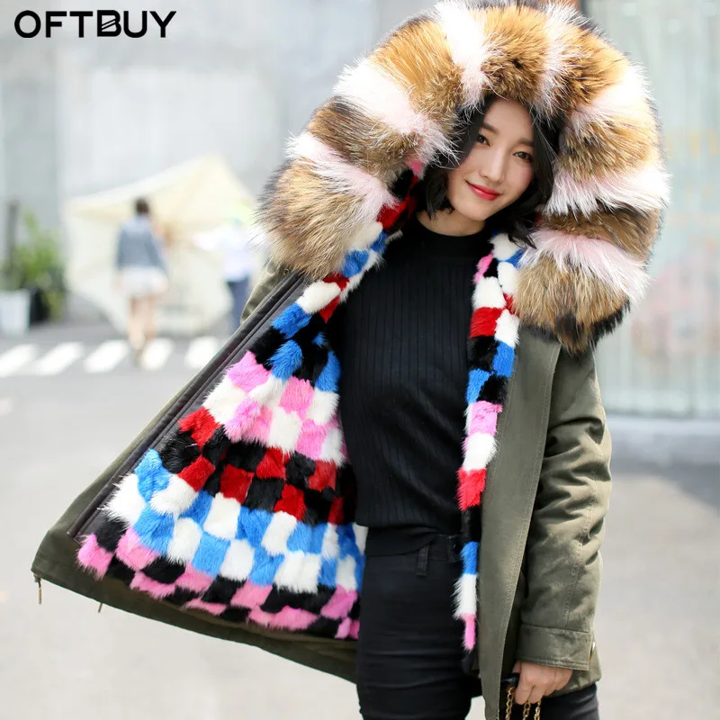 OFTBUY 2017 stree estilo novo casaco jaqueta de inverno mulheres parka com Grande gola de pele de guaxinim Natural Multicolor Verdadeira pele de Vison forro