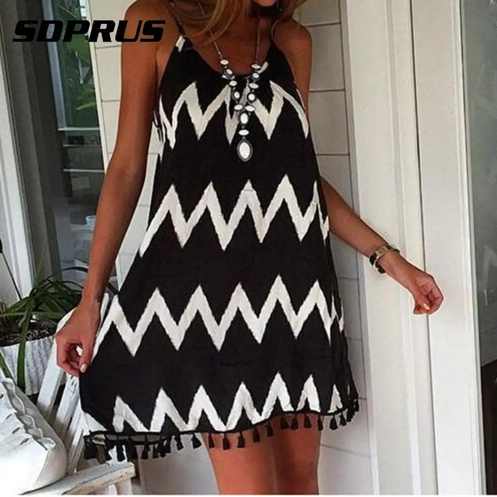 

Fashion Summer Women Dress Mini Sexy Sleeveless Backless Beach Dress Wave Strap Chiffon Tassel Dress Party Casual W/Tassel
