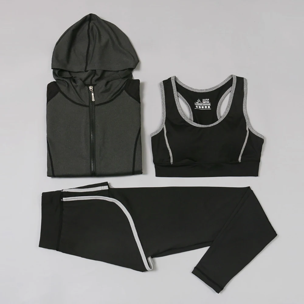 

2019 Yoga Set Sport Jacket+Tights Pants+Sports Bras 4 Pieces Running Sportswear Tracksuit Fitness Gym Workout Clothes for Women