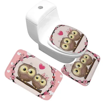 

Cute Owl Family Animals Toilet Mat 3 Pieces Set Soft Flannel Doormat Non-slip Bathroom Rug Cartoon Carpet Home Decoration tapete