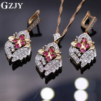 

GZJY Exquisite Party Jewelry Set Double Gold Color Natural Red Zircon Rhombus Pendant Necklace Earrings Set For Women Wedding