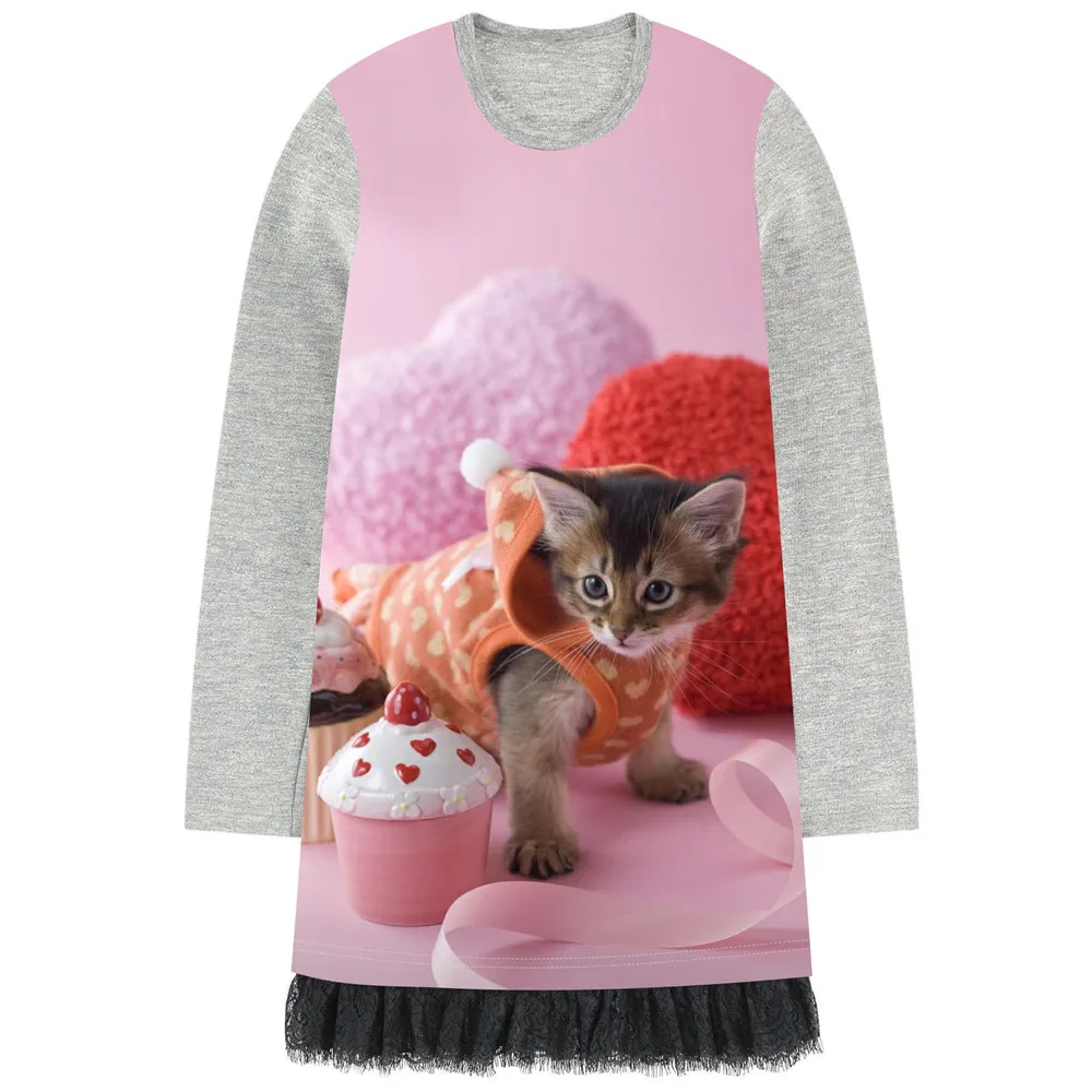 Kids Girl Dress black lace Long Sleeve cute cat print Girl Clothes nice